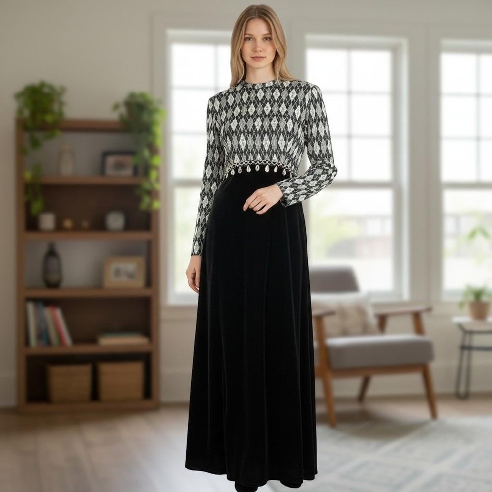 Vintage Mod Argyle Lurex Thread Knit Evening Maxi Dress Velvet Skirt Union